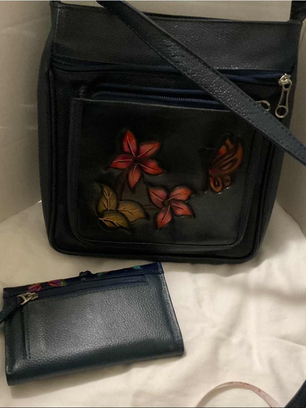 Dark blue Floral hand painted cRoss body Bag - Women's . ( free wallet) - Picture 12 of 12